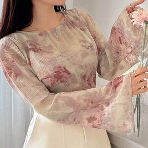 SHEIN Pink and Cream Floral Blouse with Flared Sleeves